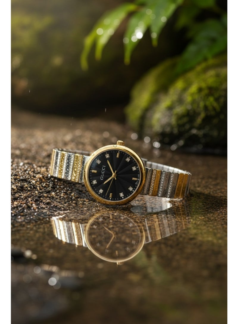 GUCCI Luxury Women’s Analog Wrist Watch – Two-Tone Stainless Steel Bracelet with Black Dial & Crystal Markers - Image 3